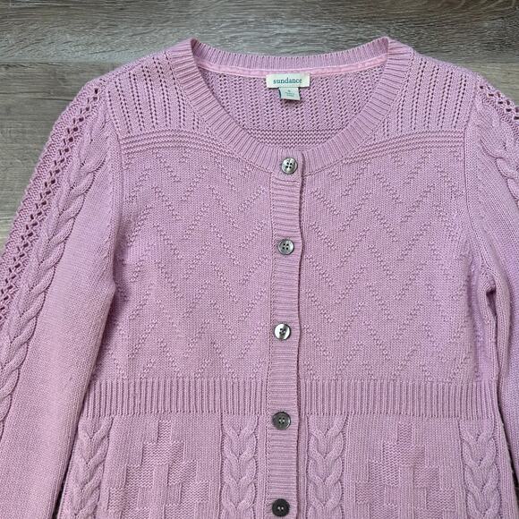 Sundance Lilac Wool Blend Cardigan Sweater Small Cable Knit Button Front - Picture 7 of 9